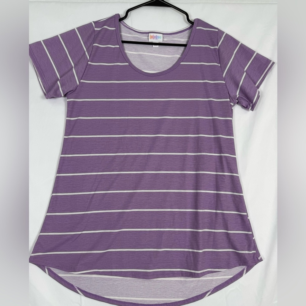 LuLaRoe Purple and White Striped Short Sleeve Tee